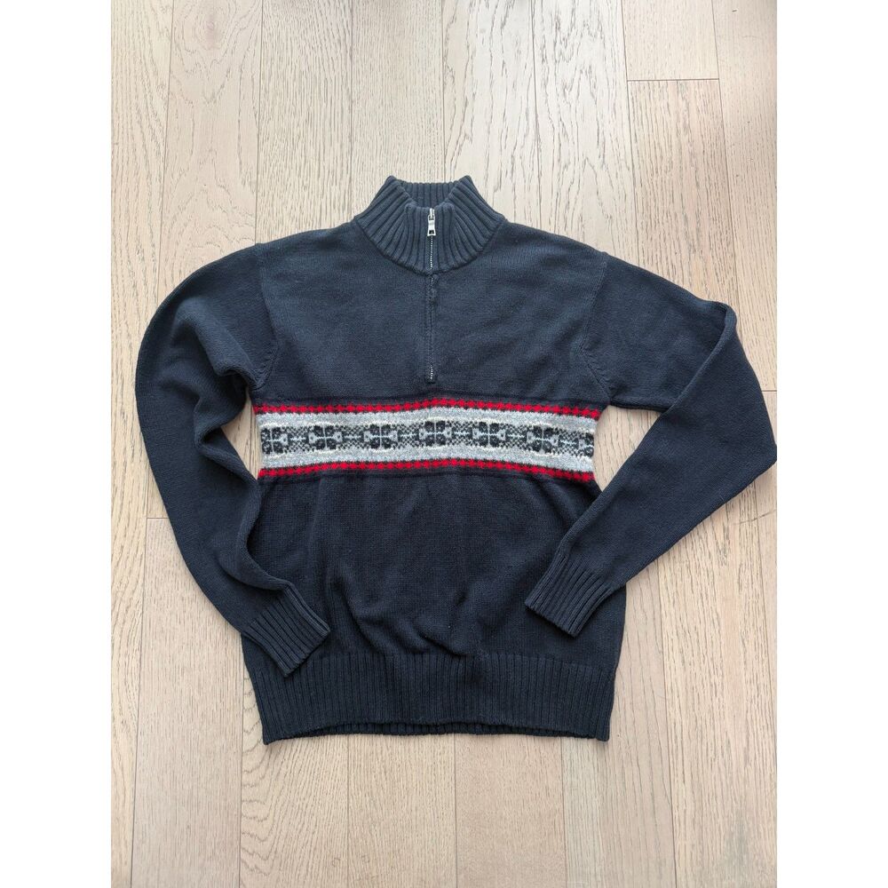 Vintage Nautica Sweater S Dark Navy Red Gray Geometric Quarter Zip Wool Blend